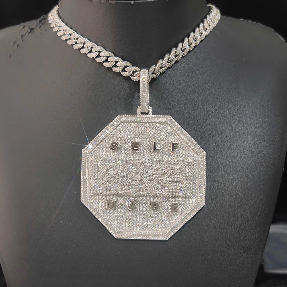 S925 Sterling Silver Bling Hip Hop Zircon 80MM Big Size Polygonal Pendant Jewelry Custom Name Letter Octagonal Pendant Necklace
