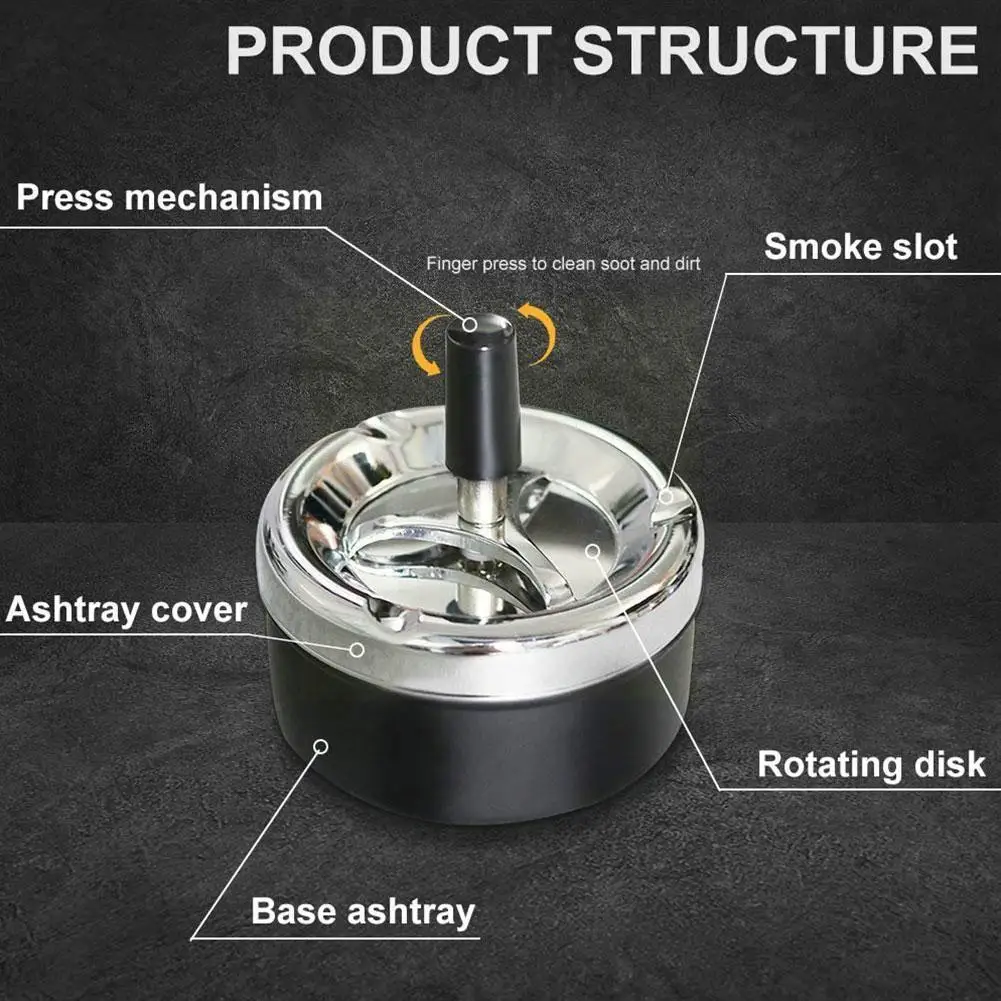 Metal Round Cigarette Ashtray Push Down Rotating Smoking Outdoor Cleaning Automatic Tray With Portable Accessories