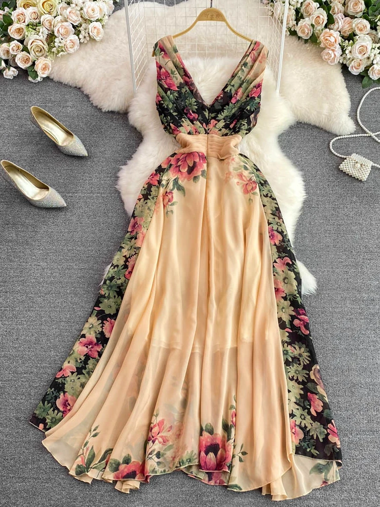 

Женское элегантное платье-трапеция с принтом, длинное летнее шифоновое платье без рукавов с V-образным вырезом и высокой талией, платье для отпуска