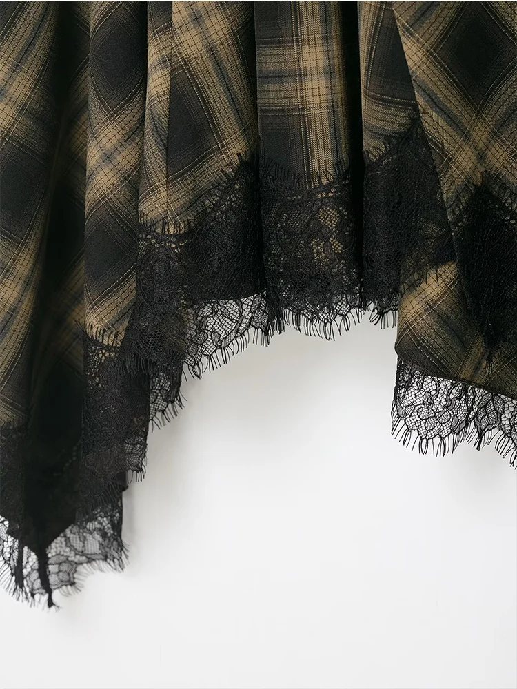 Women's Plaid Long Skirts Vintage Printed Loose Lace Spliced A Line Skirt Fashion Retro Elegant Irregular Design Casual Skirts