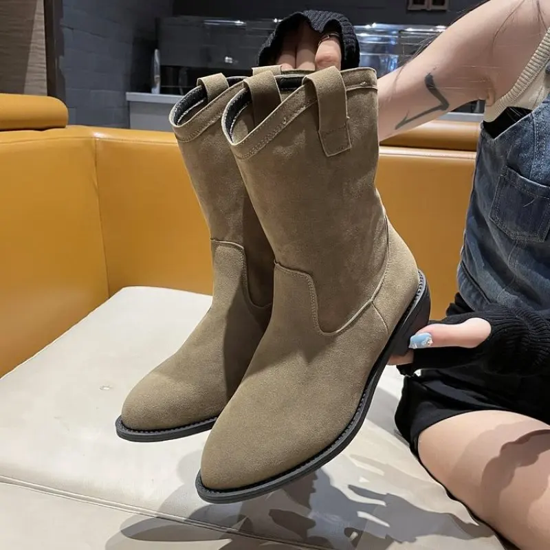 New Women Cowboy Ankle Boots Block Heels Flock Slip On Ladies Short Boot Autumn Retro Western Female Soild Plus Size Knight Boot
