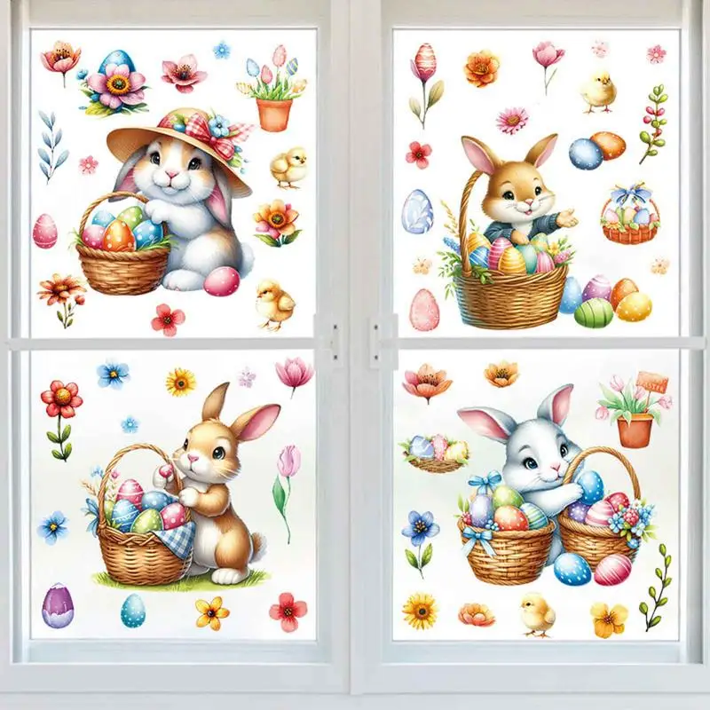 4pcs Happy Easter Window Stickers Cartoon Rabbit Easter Eggs Flowers Glass Sticker Home Wall Decoration Spring Wall Decal