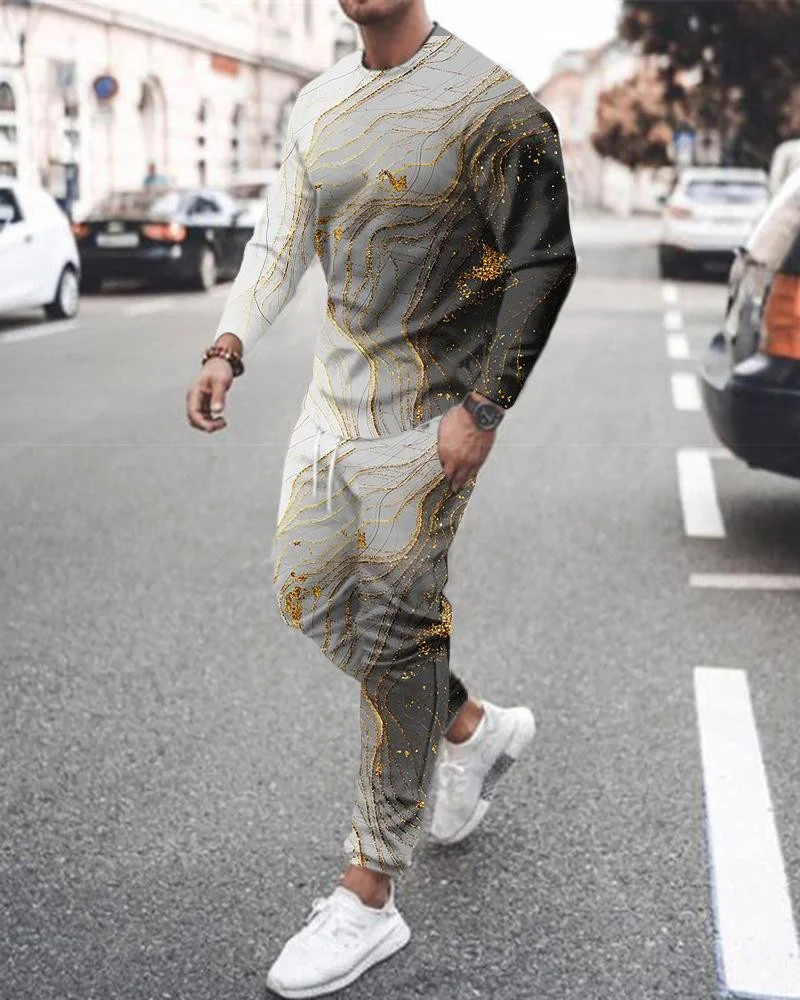Men's Sports Suit T-shirt + Trousers Workout Clothes 2-Piece Set 3D Plant Ieaf Solid Color Printing Iong-Sleeved Sportswear Suit mens jogger sets