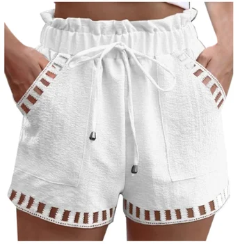 Cotton Linen Shorts Women'S Pants Solid Color Thin Hollow Out Design Trim Pocket Tight Waist Shorts Beachwear White Clothes 1