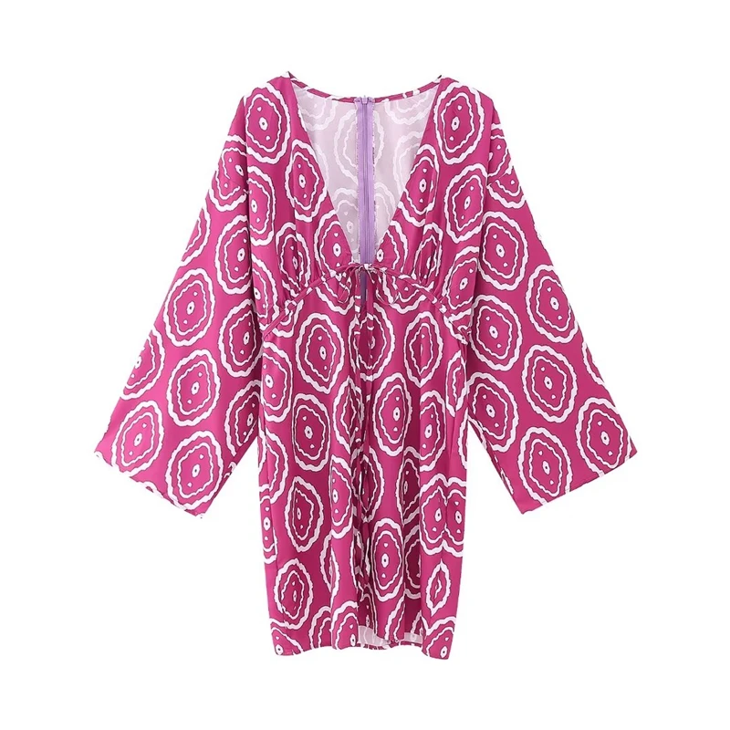 

Женское короткое платье с принтом, свободное элегантное платье мини с V-образным вырезом и длинными рукавами, лето 2023