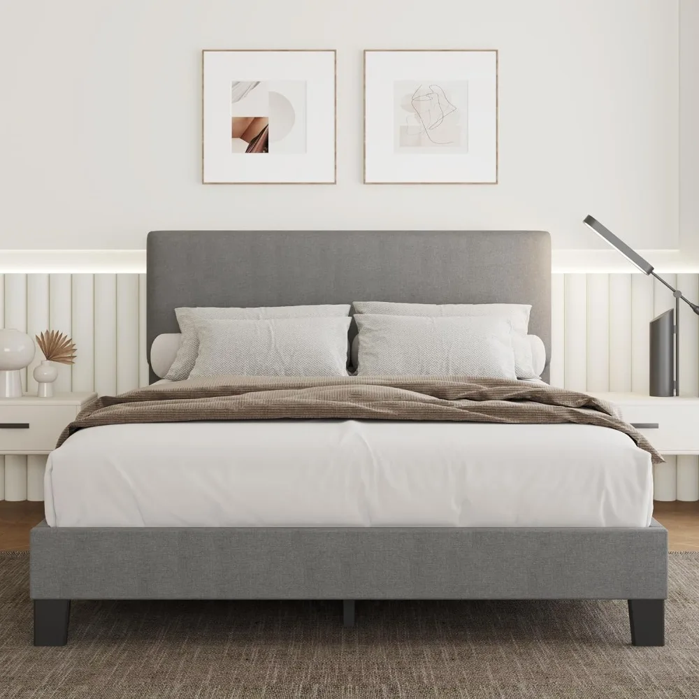 

king Bed Frame Platform with Adjustable Upholstered Headboard, Wood Slats, Heavy Duty Mattress Foundation, Light Grey