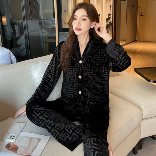 QSROCIO 여성용 벨벳 잠옷 세트, 프레스 스트라이프 패턴, 캐주얼 홈웨어, V넥 잠옷 4