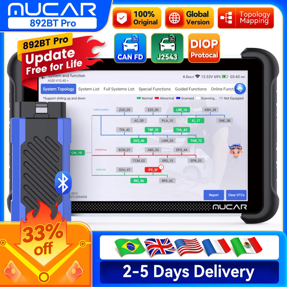 MUCAR 892BT Pro AI OBD2 Scanner Topology Map All System Diagnosis 35 Reset ECU Coding, J2534 /CAN FD/DoIP Lifetime Free Update