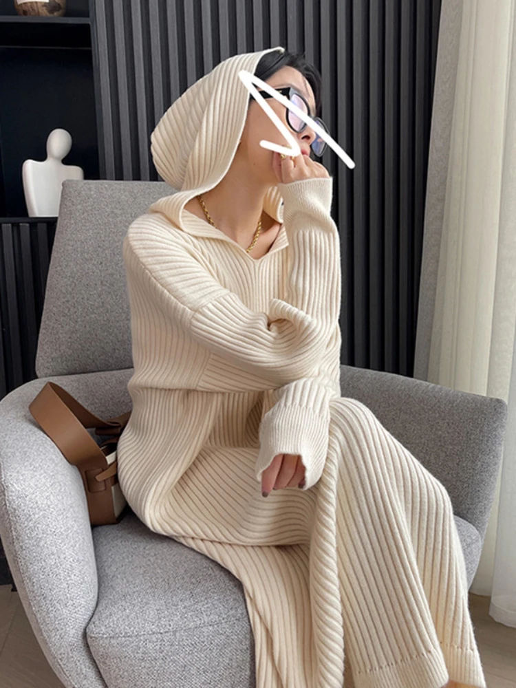 

Hooded Dress Knitted Jumpers Women's Clothing Autumn Winter New Midi Robe Sweater Skirt Loose Dresses Long Sleeve Outifits