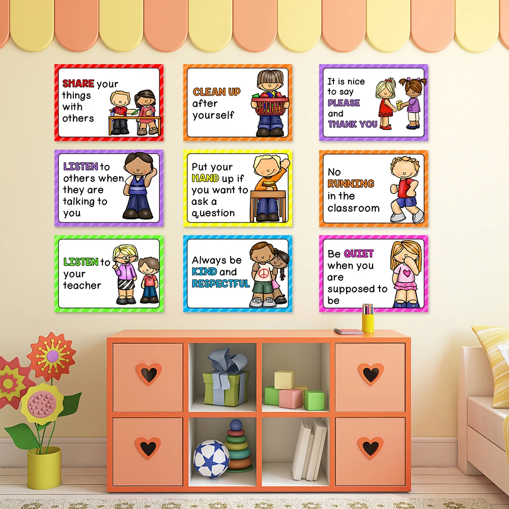 15Pcs Classroom Poster Rules for The School Class A4 size Posters for Kindergarten Preschool Decora Education toys 4