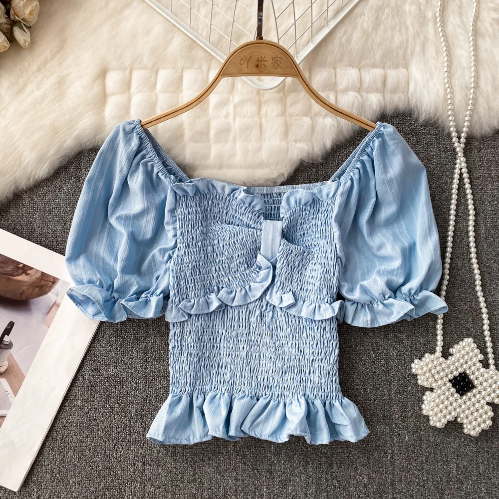 

Летний французский пуловер с коротким рукавом и бантом, дизайнерский плиссированный пуловер с квадратным вырезом, рубашка, облегающий короткий топ