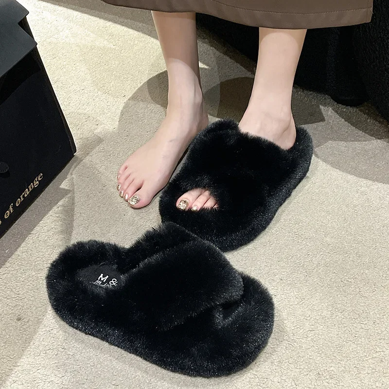 Summer Fluffy  Fur Slippers Shoes Women Real Fox Flip Flop Flat Furry Slides Outdoor Sandals  Indoor