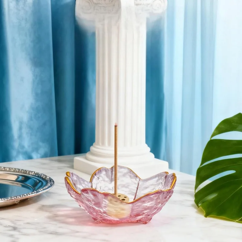 Incense Burner Candlestick Glass Cherry Blossom Incense Burner Candlestick with 9 Incense Holes Ash Collector Home Decoration