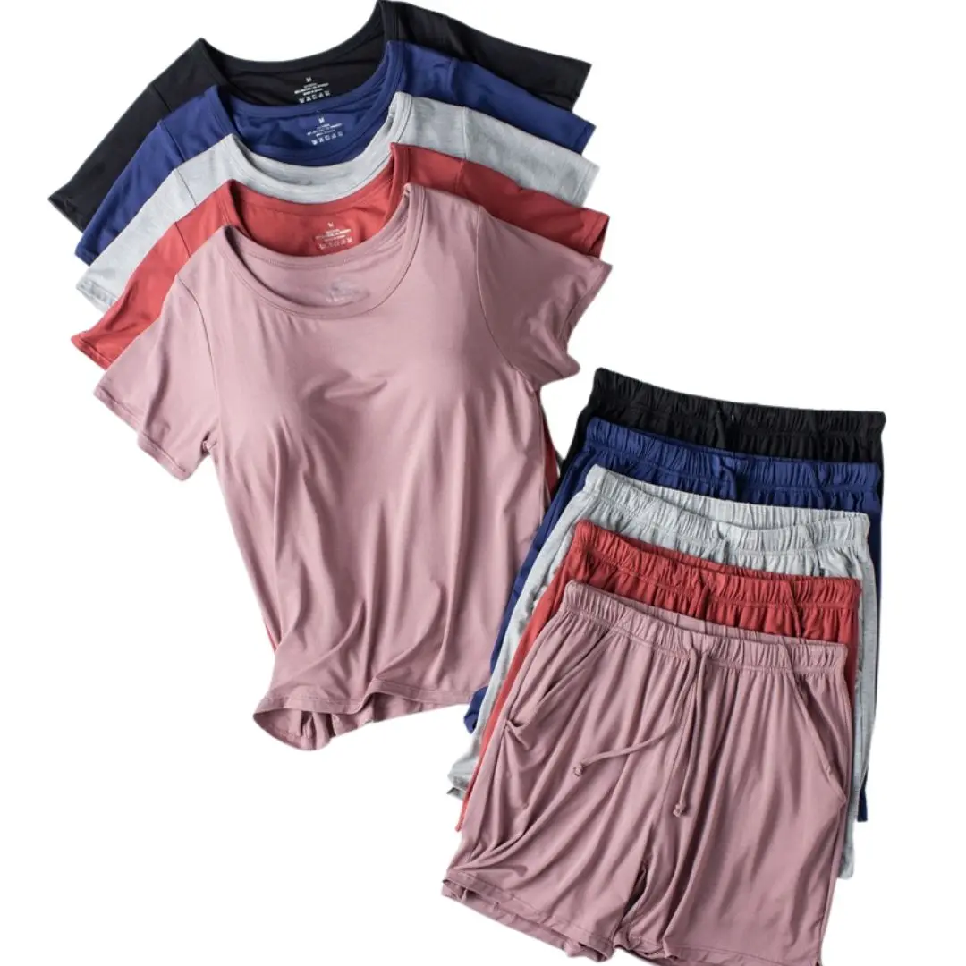 

Modal Cotton Pyjama Femme New Pijamas Women Chest Pad Short Sleeve Pajamas Set Large Size Bra-Cup Loose Shorts Sleepwear Set
