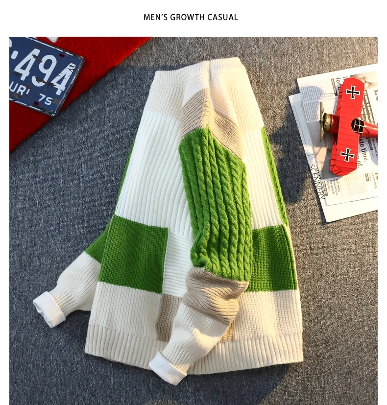 Men's Knit Sweater - Autumn Winter Plaid Patchwork Pullover | Thick Round Neck Casual