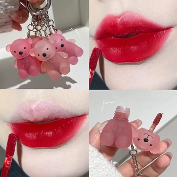 방수 귀여운 곰 키체인 립 글로스, 오래 지속되는 논스틱 컵, 매트 누드 레드, 다크 브라운 립 글레이즈 틴트, 한국 화장품