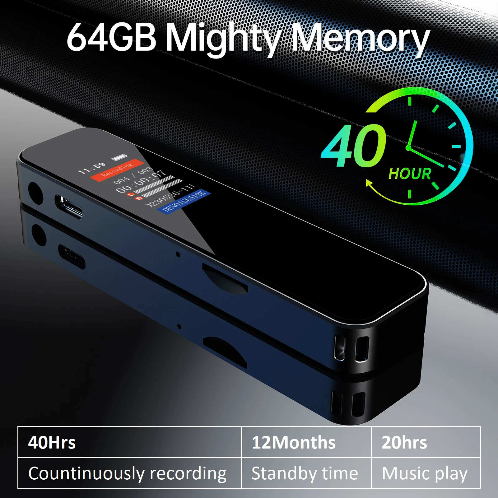 New 64GB Digital Voice Recorder Voice Activated Audio Recording Noise Reduction with Playback MP3 Music Player 280hrs Recording