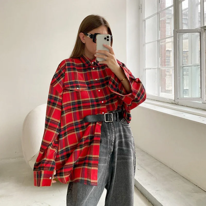 

Deeptown Vintage Red Plaid Shirt for Women Oversized Streetwear Blouse Bright Gingham Basics Casual Long Sleeve Top Spring 2023