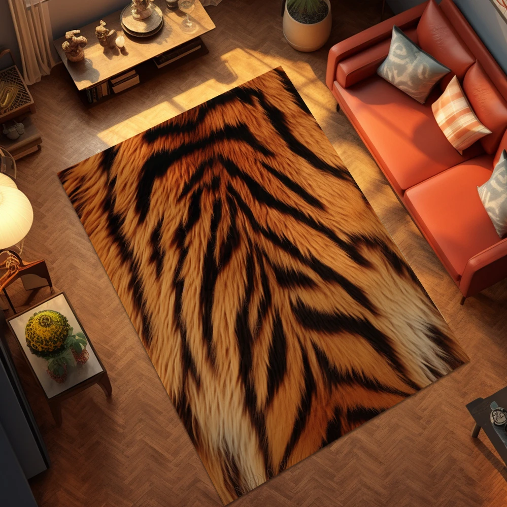 

Living Room Carpet Tiger Fur Print Rug Bedroom Bedside Soft Delicate Short Plush Area Rugs Machine Washable Floor Mats Non-slip