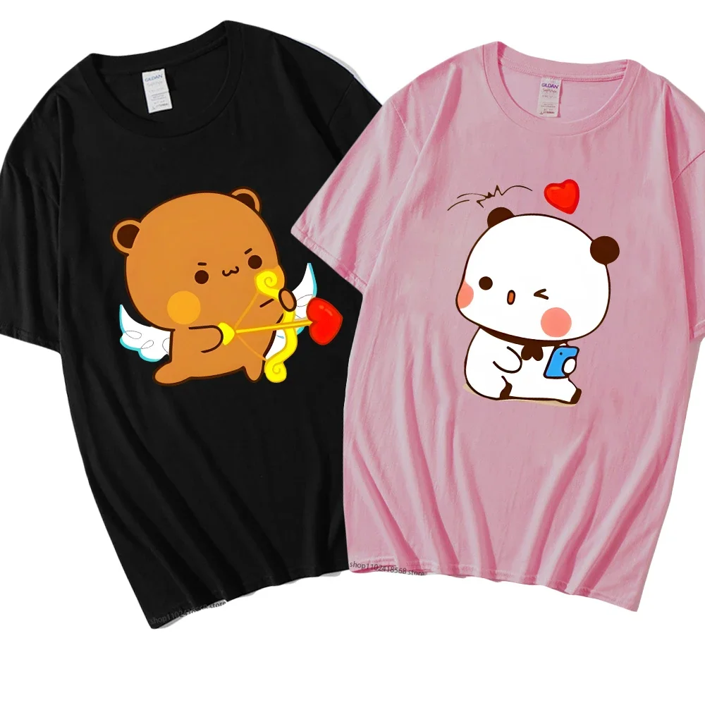 

Cute Dudu and Bubu T-Shirts Panda and Brownie Bear Couple Tshirt 100% Cotton Clothes Summer Soft Tees Korean Style Men Women Top