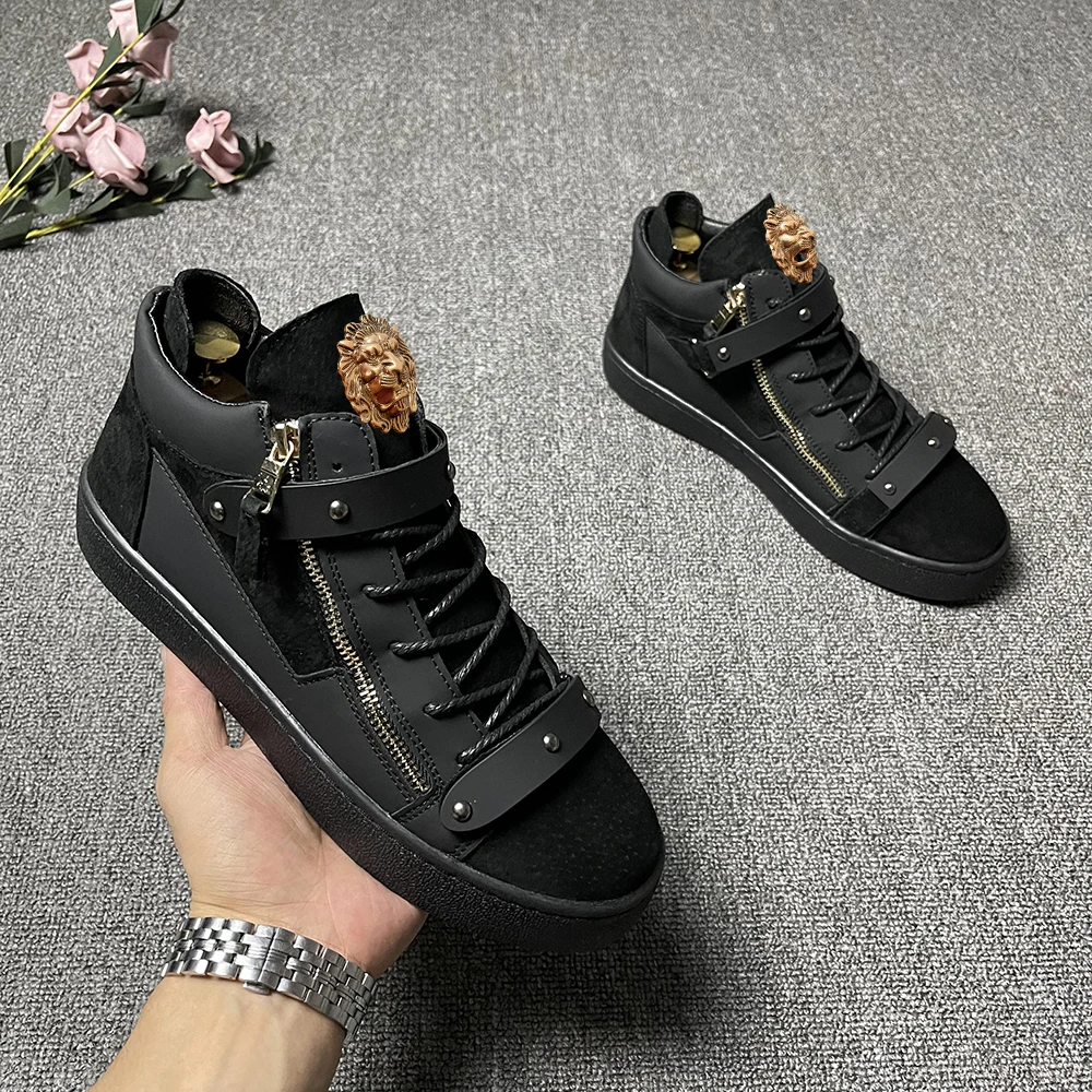 Brand designer burst high top shoes men's leather metal buckle