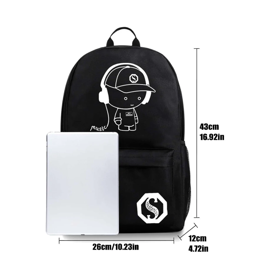 Simple and lightweight pattern fluorescent night light backpack, single shoulder bag, fabric anti splash, large capacity adjusta