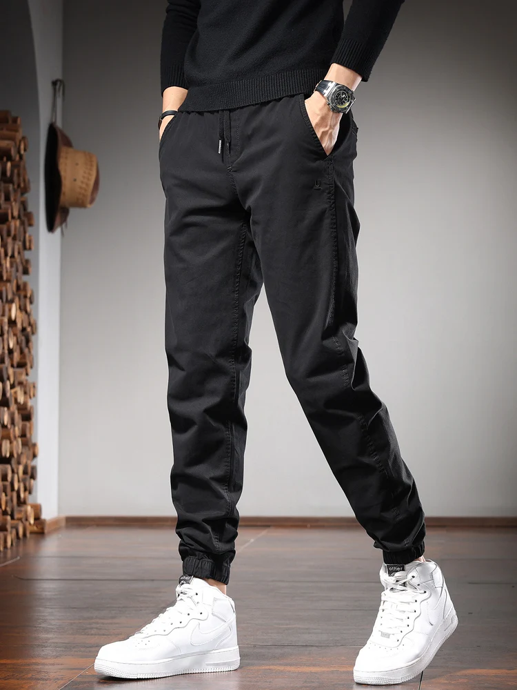 Black Casual Pants Men Cotton Joggers Fashion Korean Style Slim Fit Elastic Waist Drawstring Pencil Pants