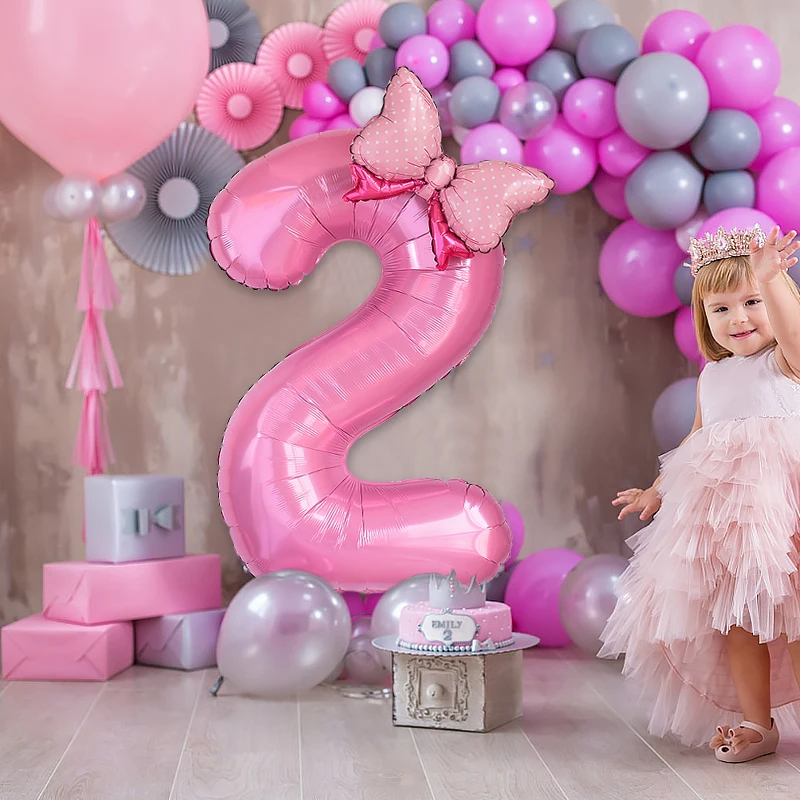 2 Stück 32 Zoll Rosa Nummer 0-9 Folienballons mit Niedlicher Schleife Geburtstagsparty Dekoration Zubehör – Detail 1