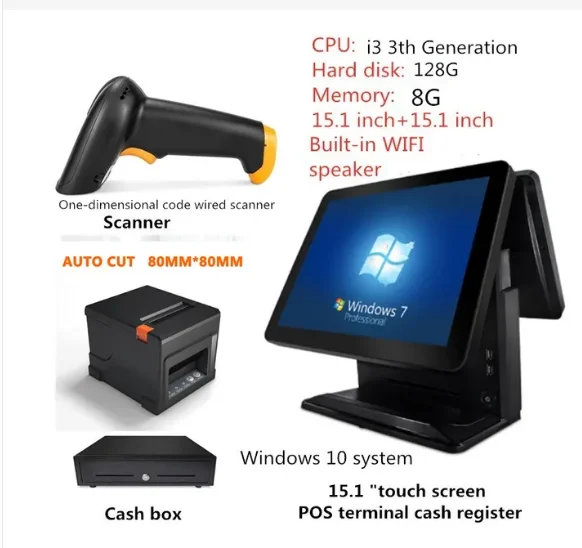 

15.1" All In One Pos System Cash Payment Machine Electronic Machine window 10 Automatic Cash Register with 80 printer scanner