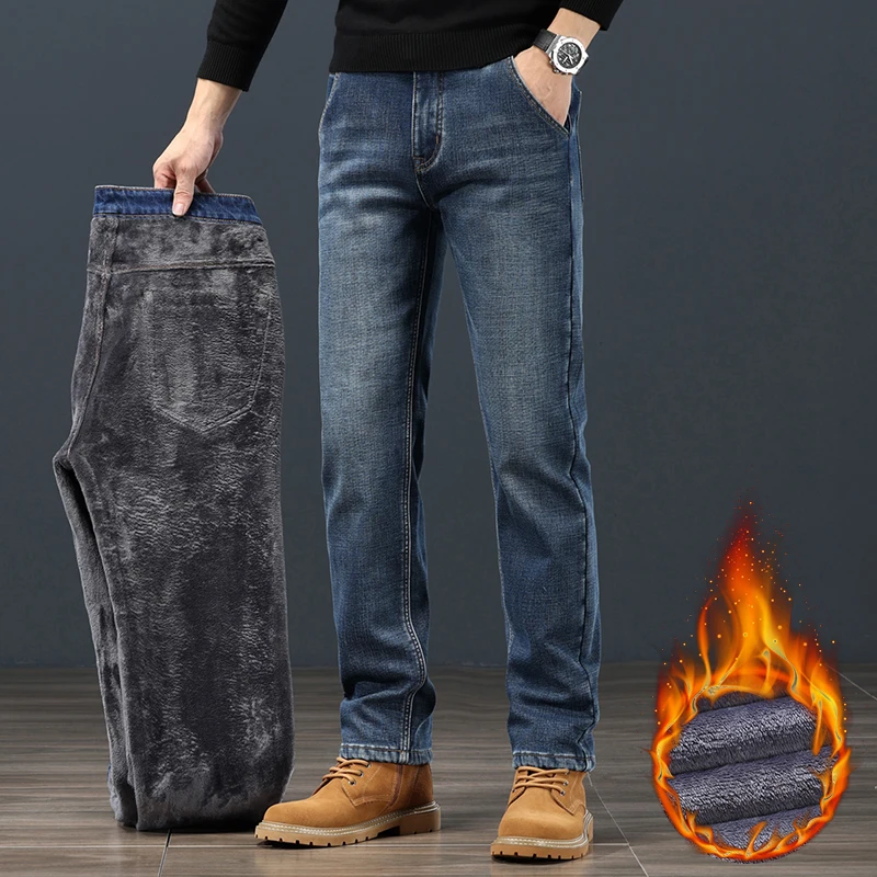 2024 Winter Warm Jeans Men's Fleece Thickened Slim Straight Trousers Fashion Stretch Cotton Casual Denim Pants Brand Clothes 2