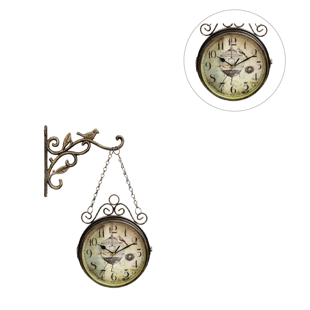 

Iron Double Sided Wall Clock with Scroll Wall Mount Wrought Bird Ornament Railway Train Station Style Vintage Metal Cuccu watch