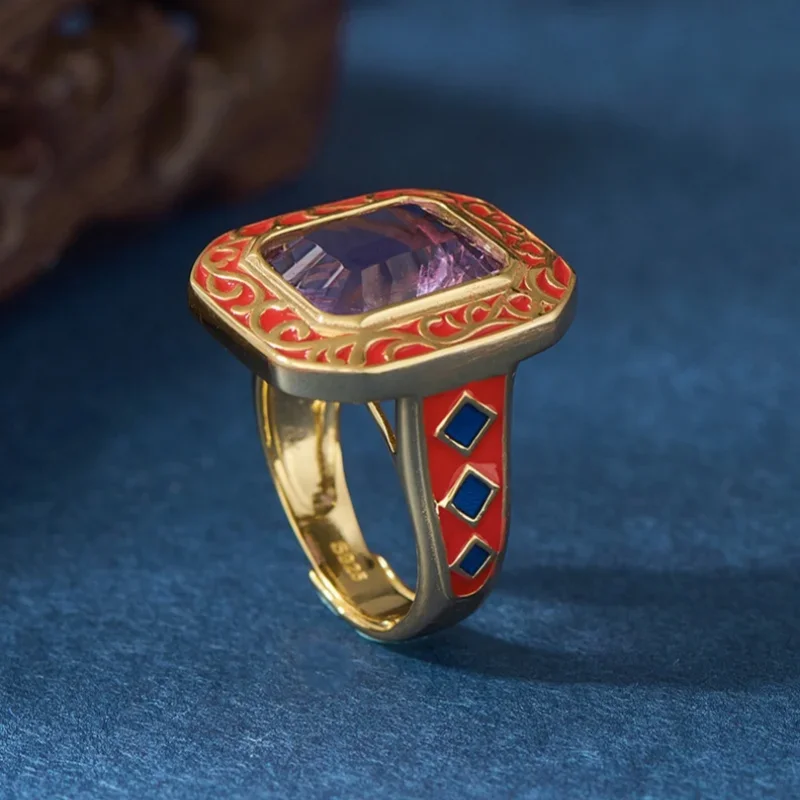 S925 sterling silver charms rings for Women New Fashion cloisonne eternal rattan tangent plane amethyst jewelry free shipping