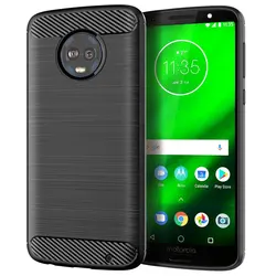 Shockproof Carbon Fiber Brushed Texture Silicone Phone Case - Soft Protective Cover for Moto G6 Plus (Black)