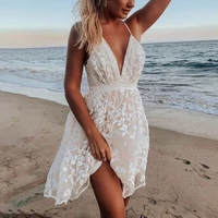 2025 Women Elegant Embroidery V Neck White Dress Summer Beach Slim Lace Dress Backless Casual A-line Sleeveless Sexy Dress