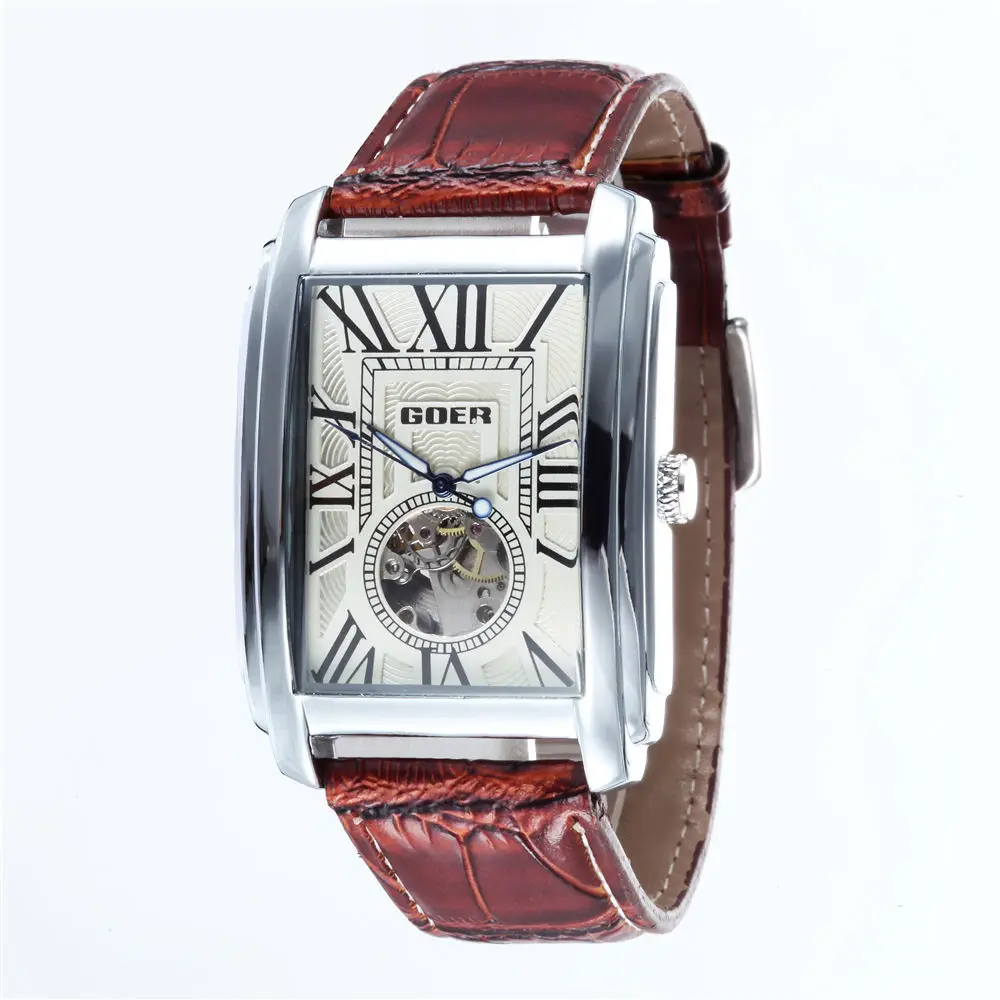 2022 Fashion Rectangle Watches Men Skeleton Watches Leather Band Automatic Mechanical Wristwatches Men Goer Reloj Hombre