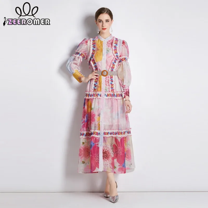 

2022 Autumn Fashion Runway Print Long Dress Women Stand Collar Lantern Sleeve Single-Breasted Ruffles Belt Holiday Maxi Vestido
