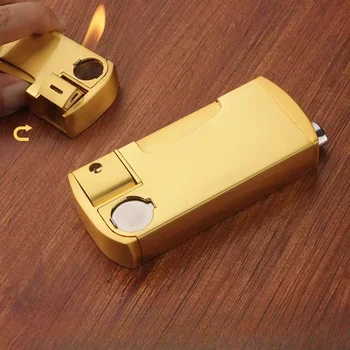 Accendino a gas butano con tubo in metallo, lato retrò creativo, accensione a pressione meccanica, fiamma inclinata, strumento in metallo, regalo da uomo