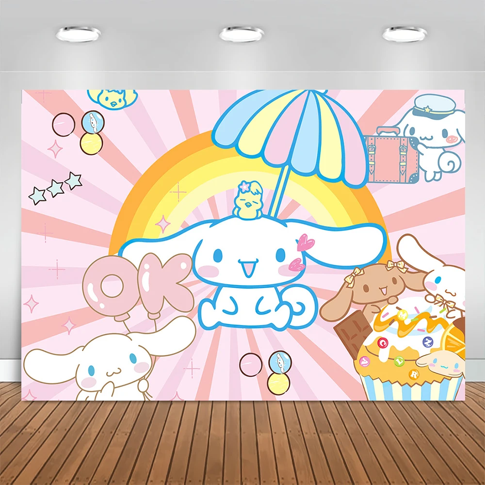 Sanrio Backdrops Banner Rainbow Balloons Cartoon Cinnamoroll Children's Happy Birthday Party Decor Photo Background Booth Props birthday backdrop party backdrop curtain party decoration photo booth props photography props party supplies
