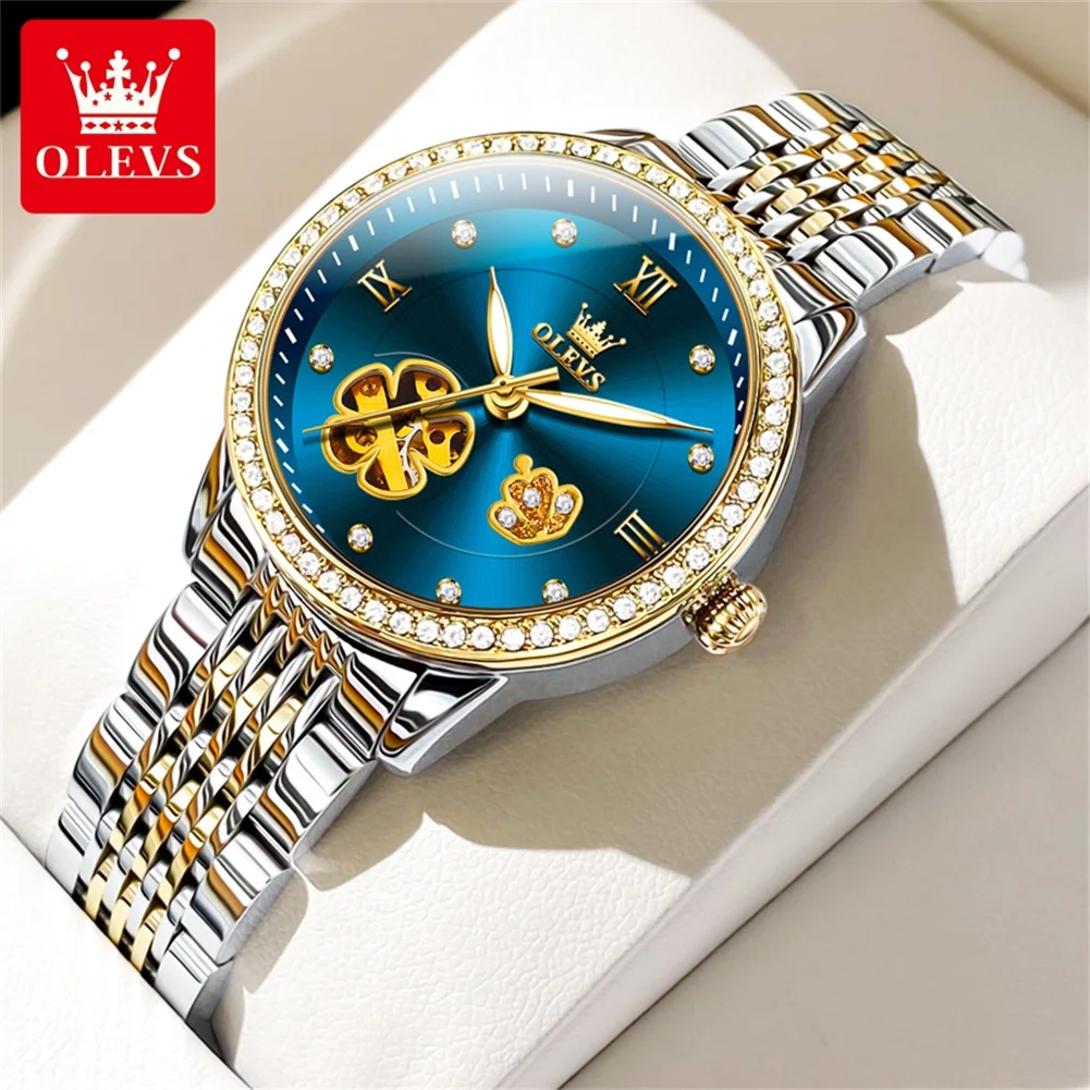 OLEVS Luxury Automatic Mechanical Watch for Women Stainless Steel Diamond Lap Hollow Out Flower Design Elegant Ladies Wristwatch