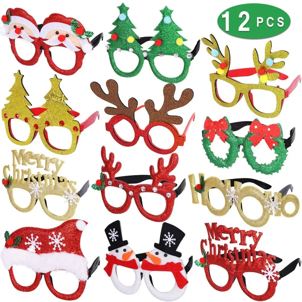 12Pcs Christmas Glasses Glitter Party Glasses Frames Xmas Decoration Costume Eyeglasses for Christmas Parties Holiday Favors