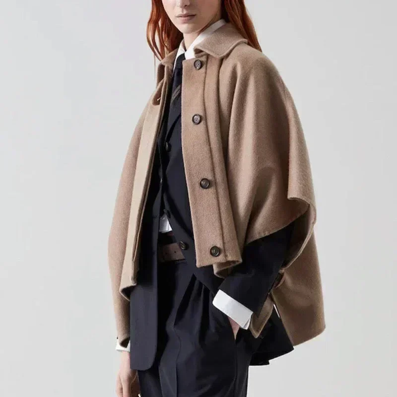 

Autumn and Winter Women New Temperament Wool Coat Short Loose Warm Elegant Cape Coat