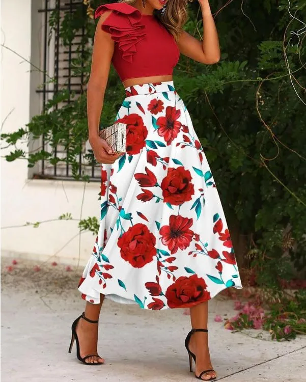 BKLD Two Piece Set 2024 New Sleeveless Ruffle Red Crop Top Fashion Floral Print A-Line Skirt Set Night Club Outfit Clothes Women