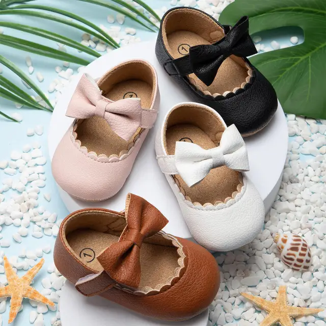 Retro New Newborn Baby Walking Shoes Spring Autumn Solid Color Bow Princess Shoes PU Anti-slip Soft Rubber Bottom Baby Casual 1