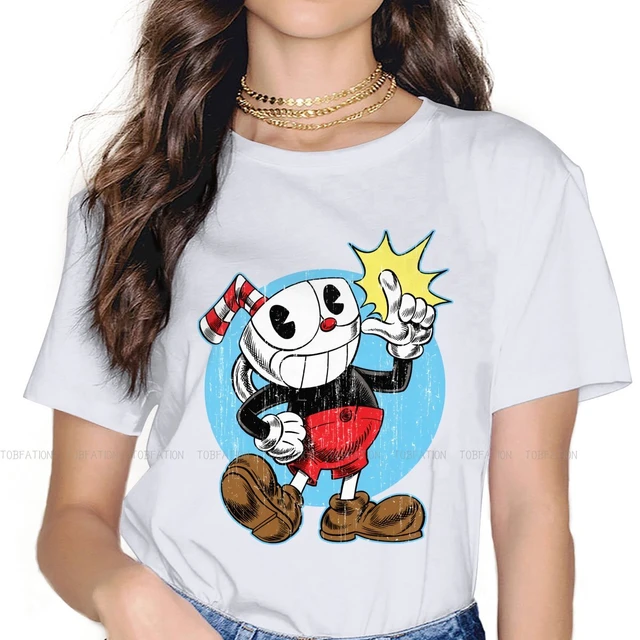 Sorriso bang tshirt para mulheres cuphead mugman jogo tees moda feminina t  camisa 5xl macio impresso solto - AliExpress