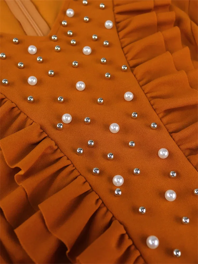 Wmstar Women Dress Brown V-neck Lantern Sleeves with Black Fungus Edge Evening Party Studded Pearl Dress Wholesale Dropshipping