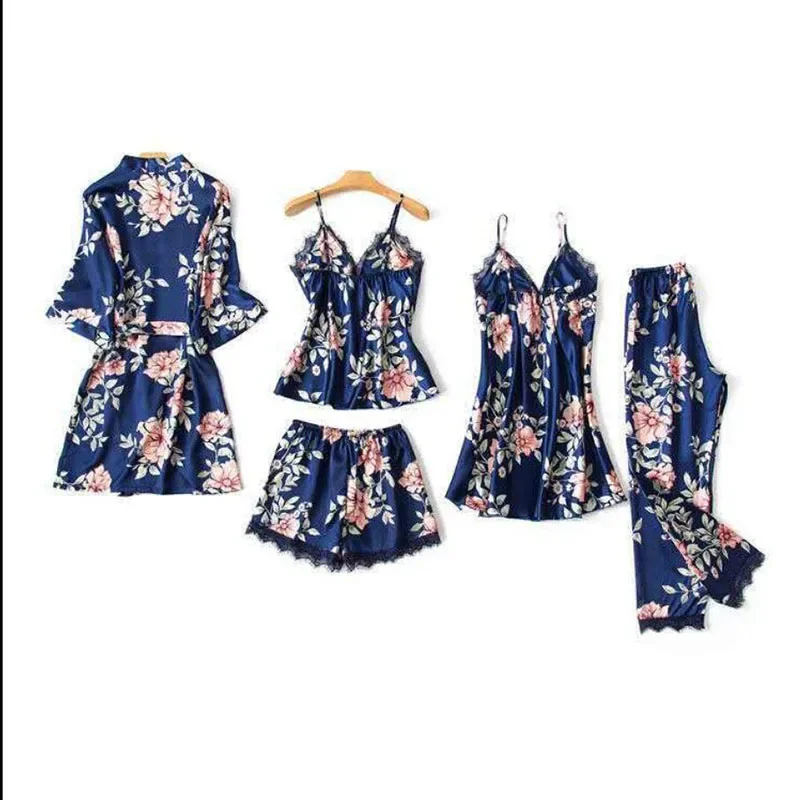 

801b-11 5Pcs Sets Women Sexy Lace Sleepwear Satin Nightwear Lingerie Pajamas Suit Soft Silk Pyjamas Tops Cami Shorts Covers