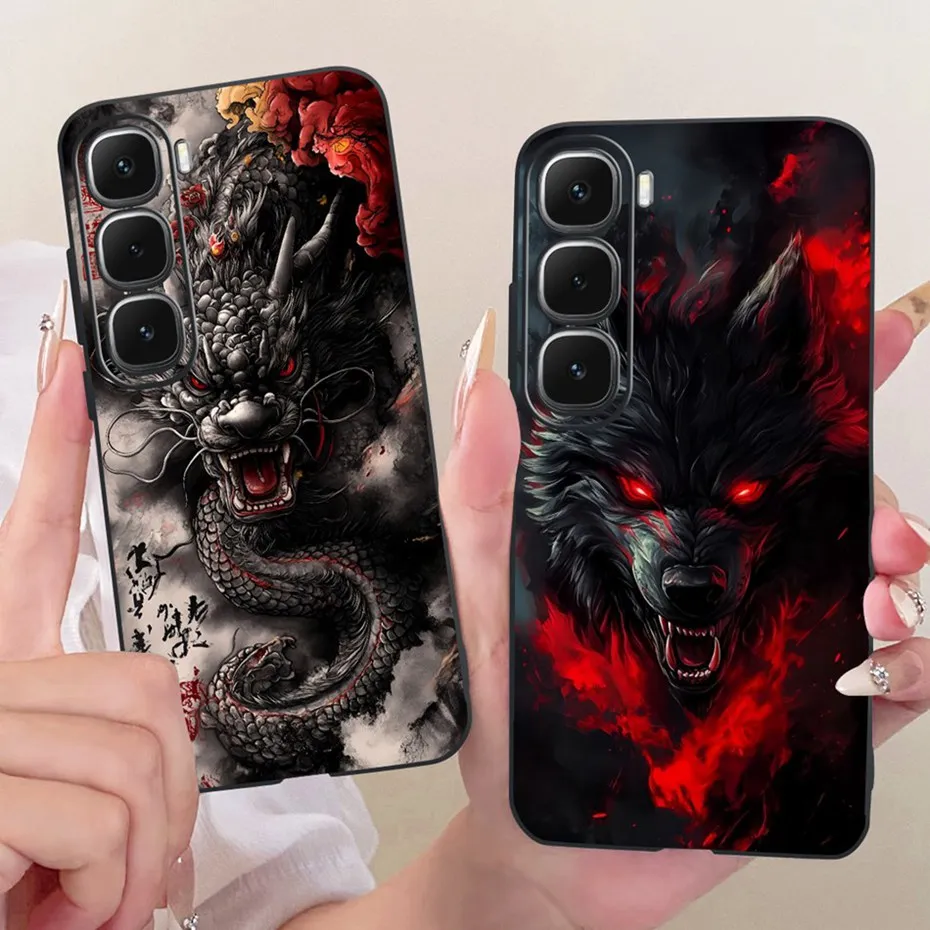 Enhanced Black Silicone Soft Phone Case with Cool Dragon, Wolf, and Tiger Design