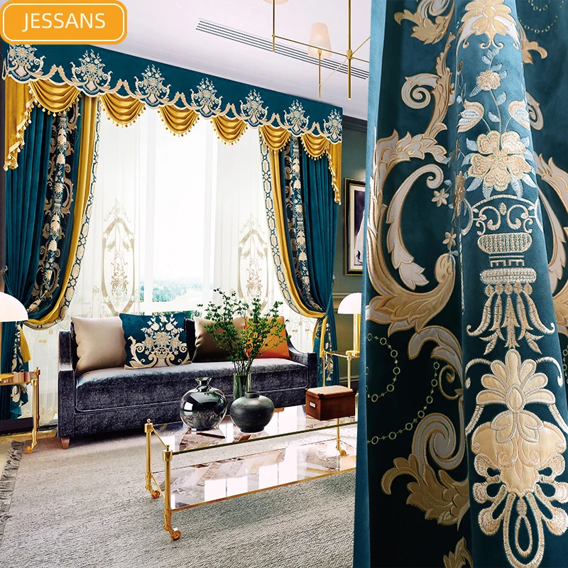 

European-style Luxury Velvet Embroidered Curtain Thickening Shading Stitching Curtain Empty Yarn Customized Finished Valance