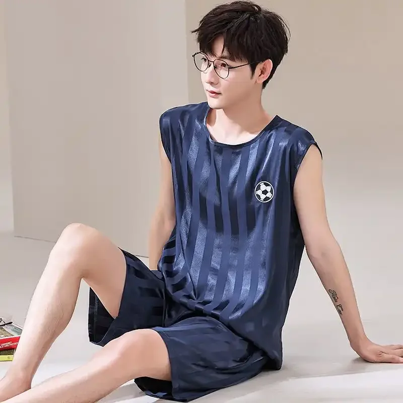 남성용 스트라이프 민소매 아이스 실크 파자마 세트 여름용 얇은 실키 홈웨어 오..