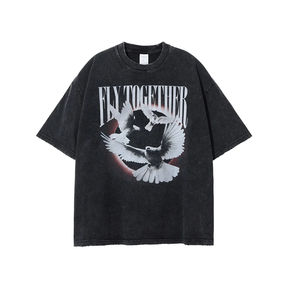 

2023 Vintage Funny Pigeon Print T-shirt Men Women Hip Hop Tops Vintage Tee Oversized Streetwear Washed Destroy Hole Short Sleeve